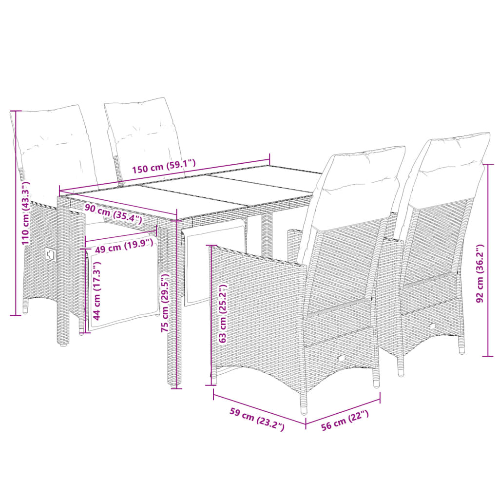 5-delige Bistroset met kussens poly rattan bruin