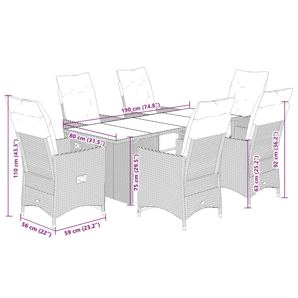 7-delige Bistroset met kussens poly rattan bruin