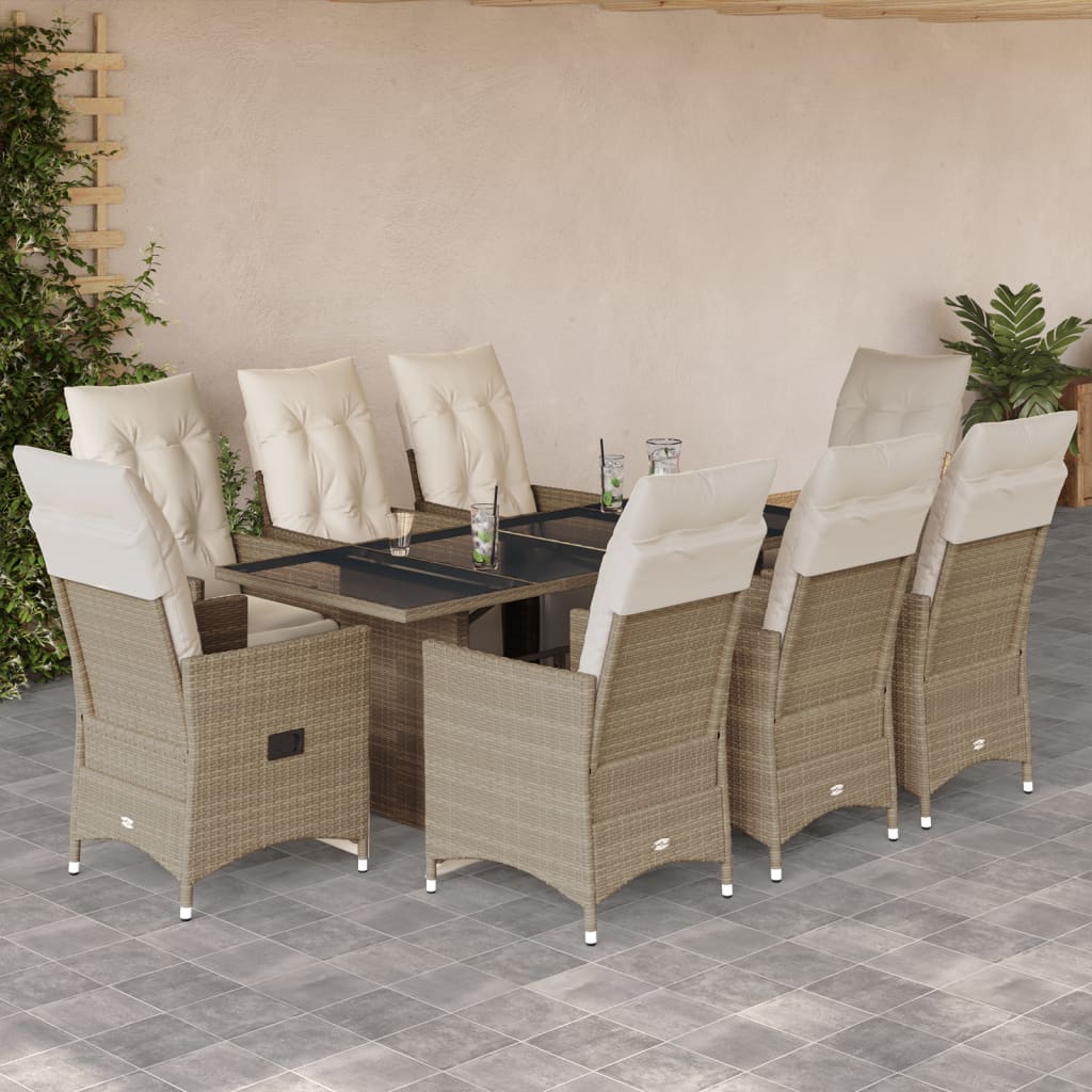 9-delige Bistroset met kussens poly rattan beige