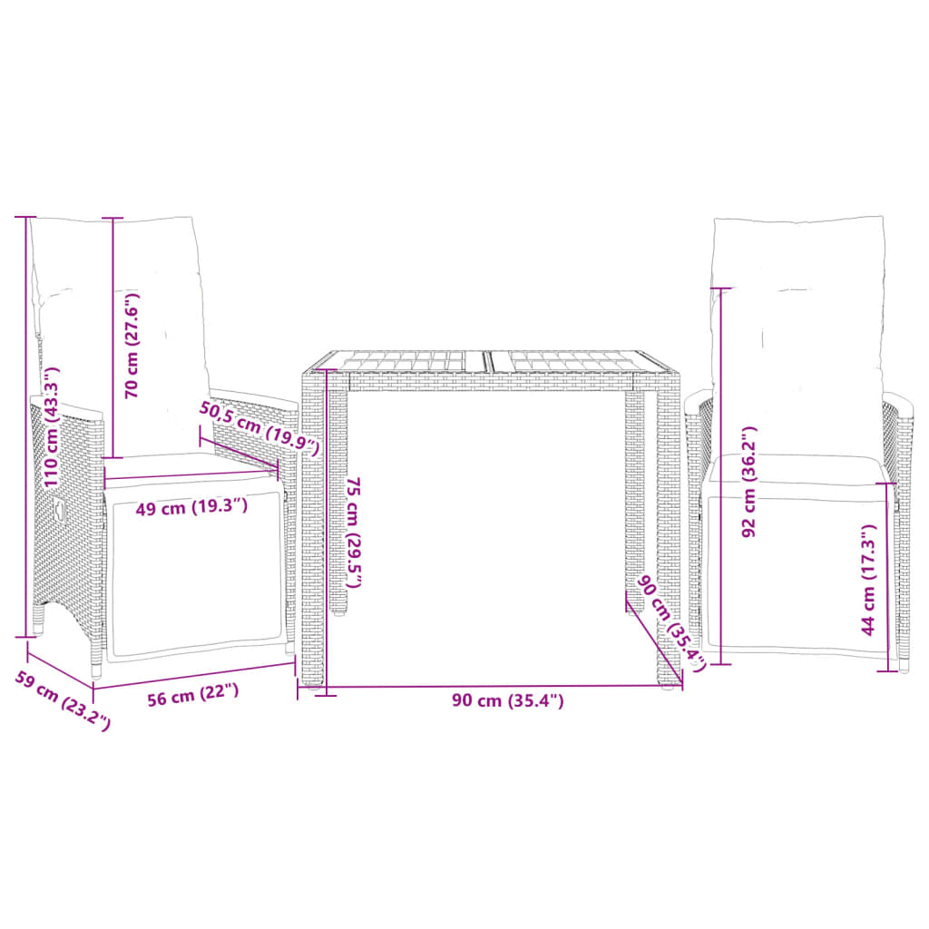 3-delige Bistroset met kussens poly rattan zwart Tuinsets | Creëer jouw Trendy Thuis | Gratis bezorgd & Retour | Trendy.nl