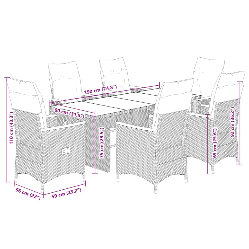 7-delige Bistroset met kussens poly rattan zwart