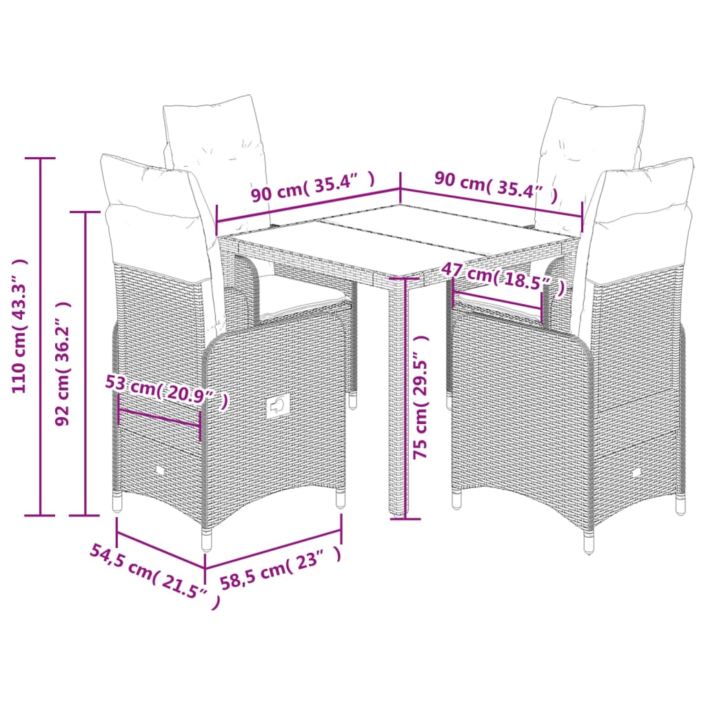 5-delige Bistroset met kussens poly rattan zwart