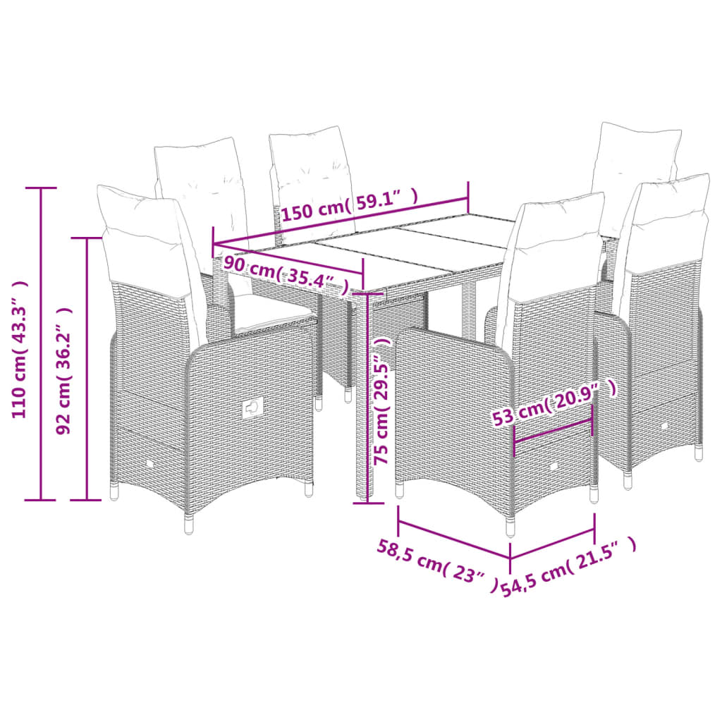 7-delige Bistroset met kussens poly rattan zwart