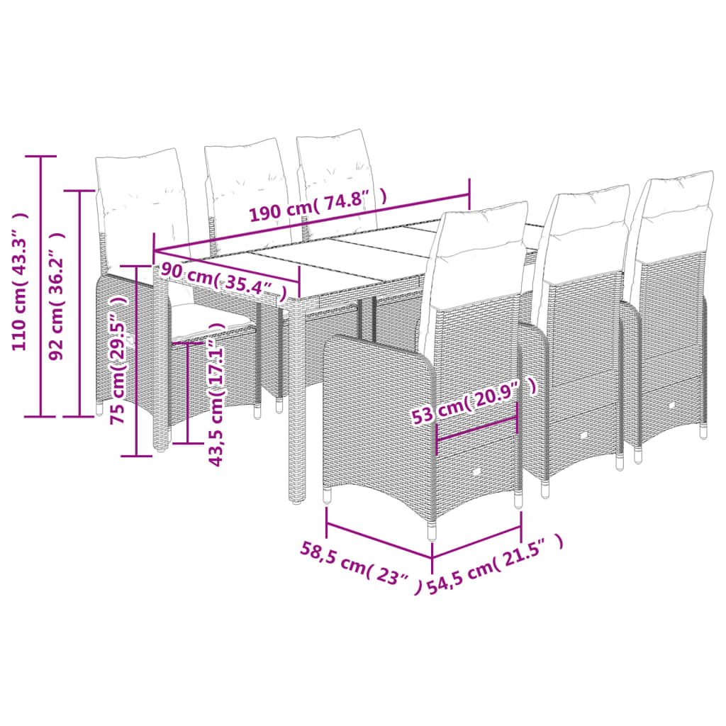 7-delige Bistroset met kussens poly rattan zwart