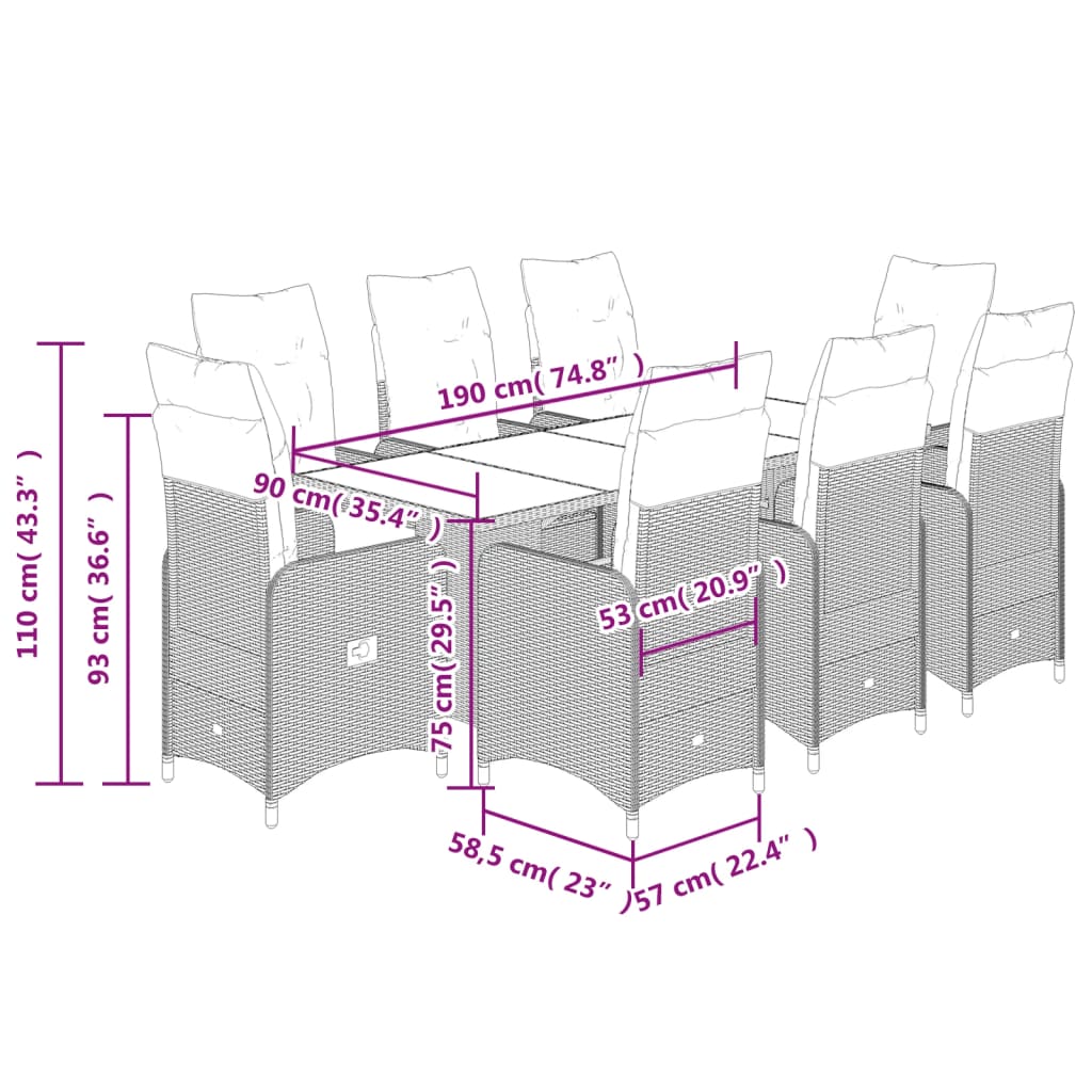 9-delige Bistroset met kussens poly rattan zwart