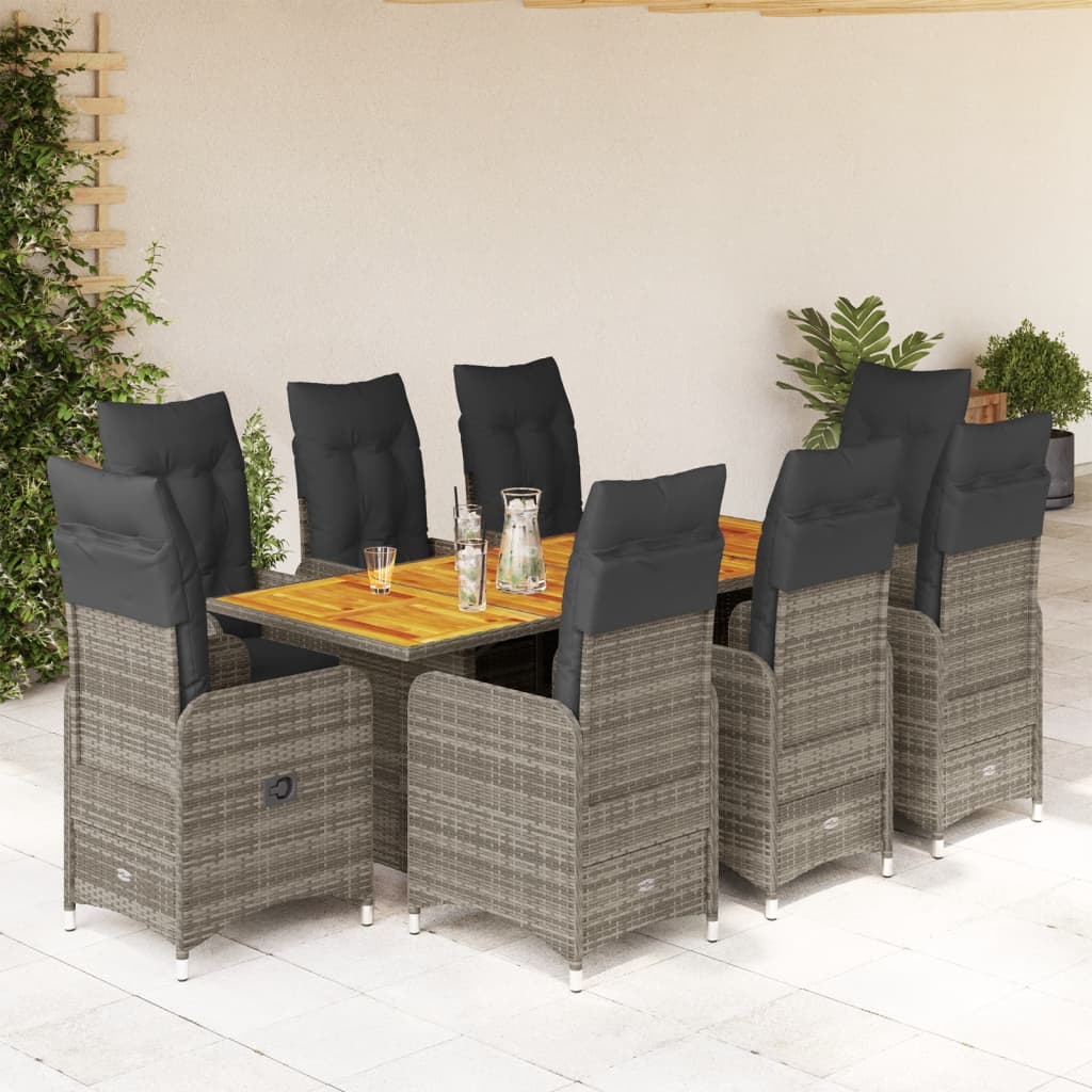 9-delige Bistroset met kussens poly rattan grijs