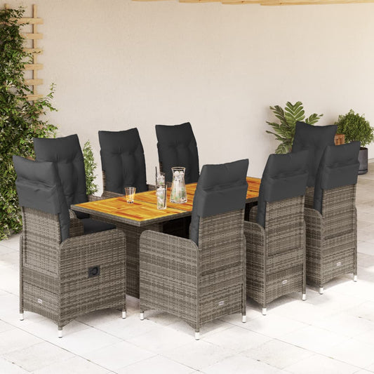 9-delige Bistroset met kussens poly rattan grijs