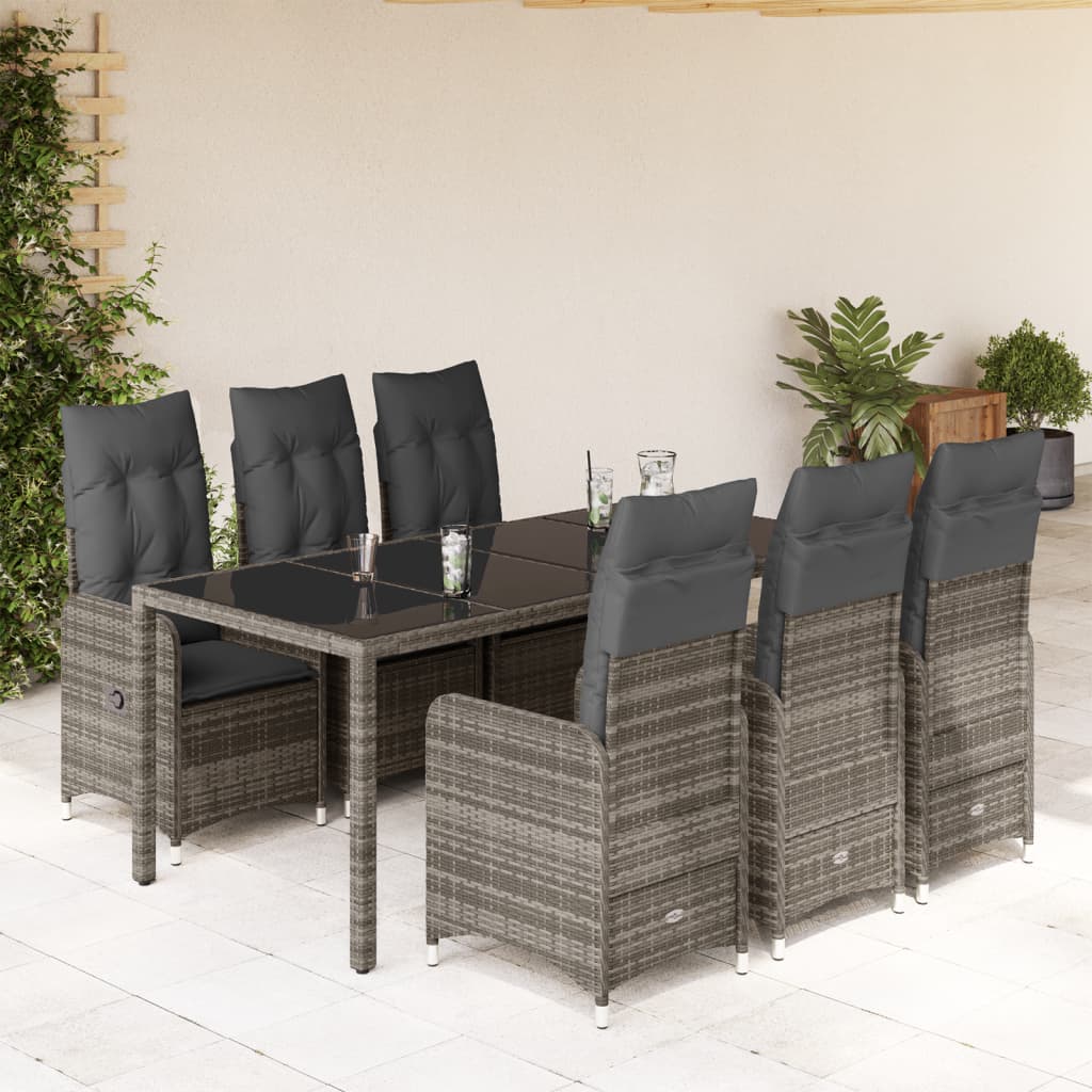 7-delige Bistroset met kussens poly rattan grijs