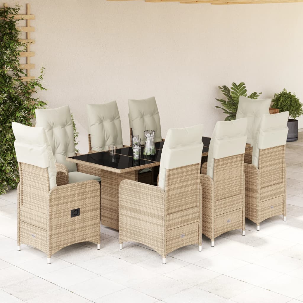 9-delige Bistroset met kussens poly rattan beige