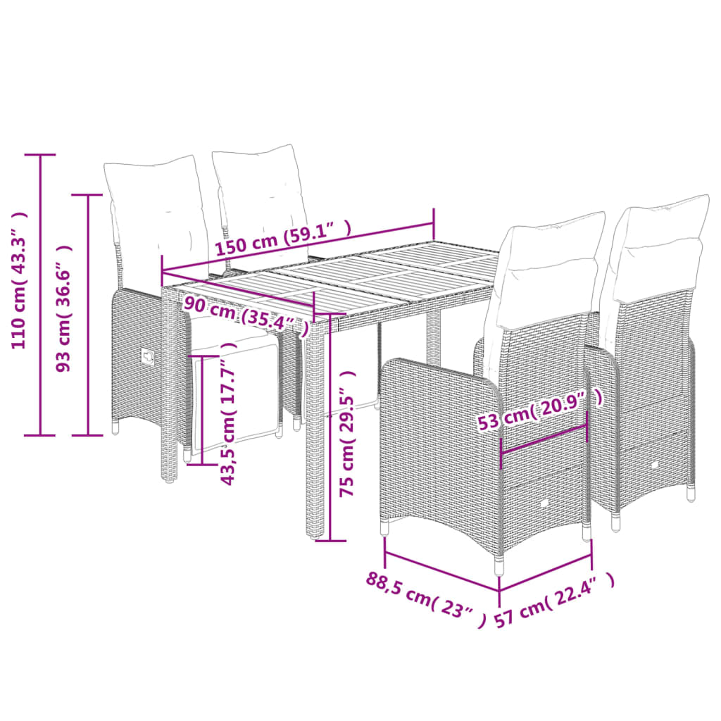 5-delige Bistroset met kussens poly rattan zwart