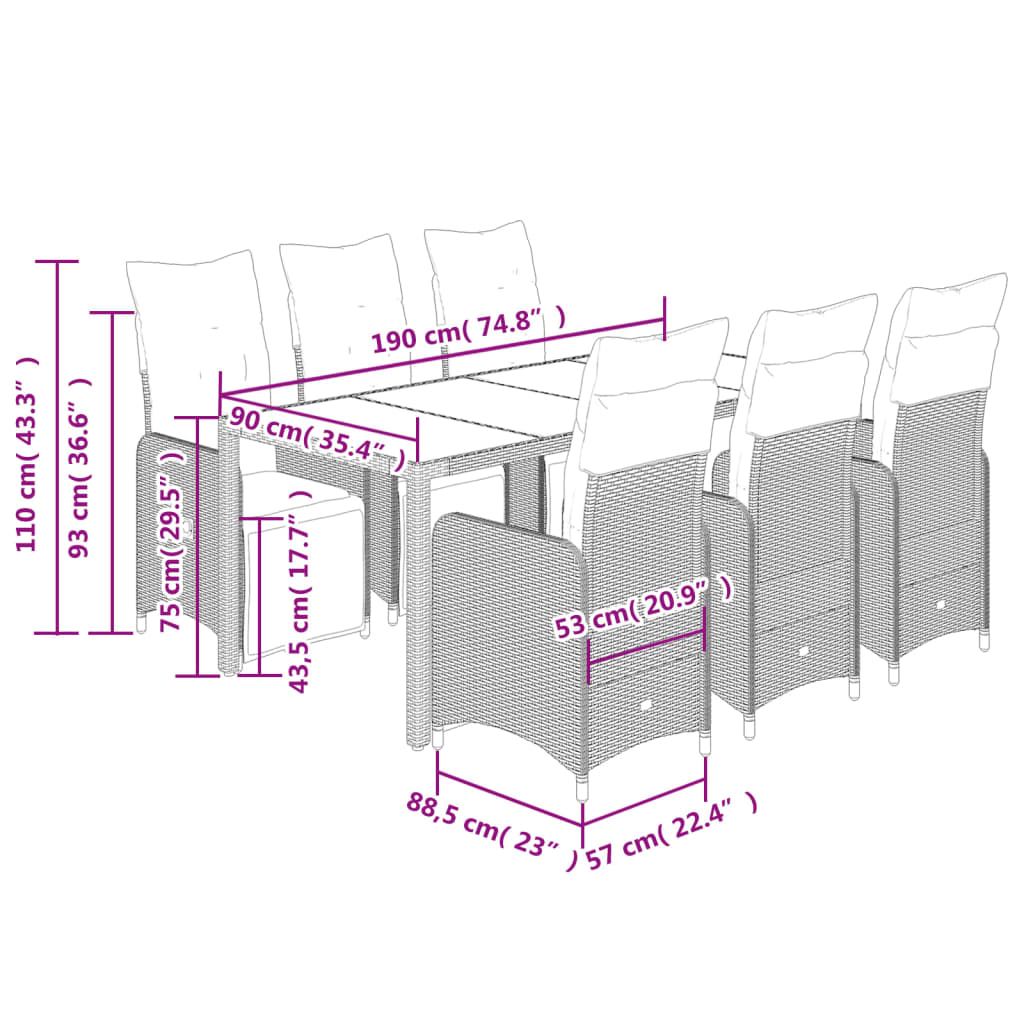 7-delige Bistroset met kussens poly rattan zwart