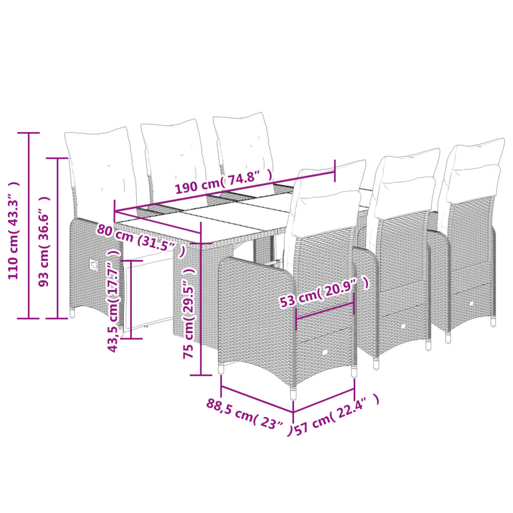 7-delige Bistroset met kussens poly rattan zwart