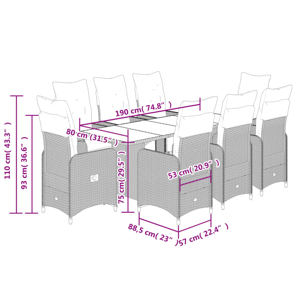 9-delige Bistroset met kussens poly rattan zwart