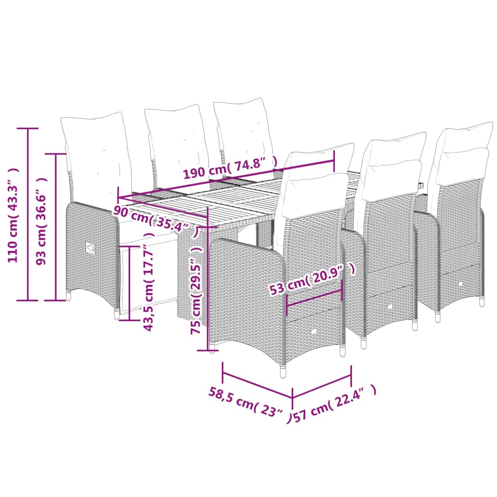 7-delige Bistroset met kussens poly rattan grijs