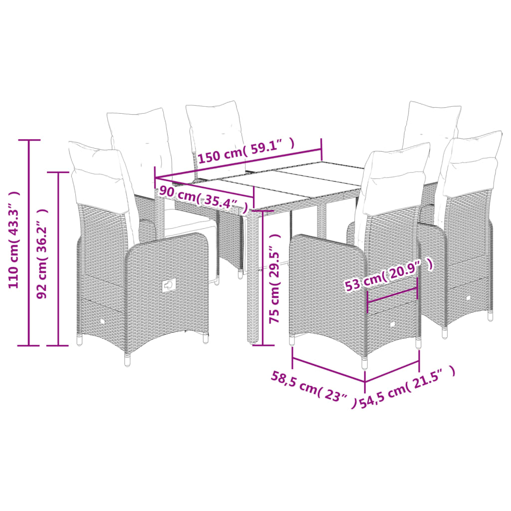 7-delige Bistroset met kussens poly rattan grijs