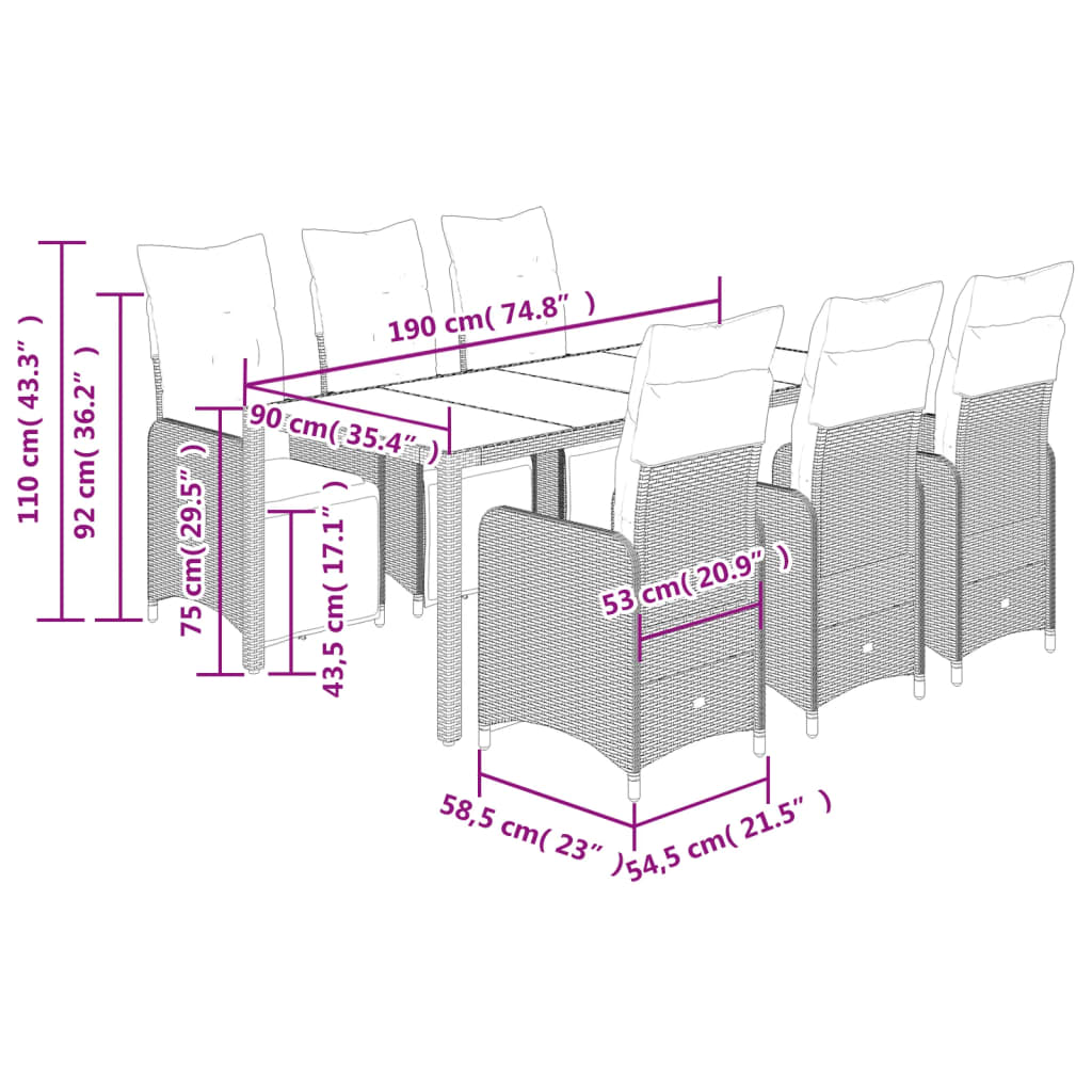 7-delige Bistroset met kussens poly rattan grijs