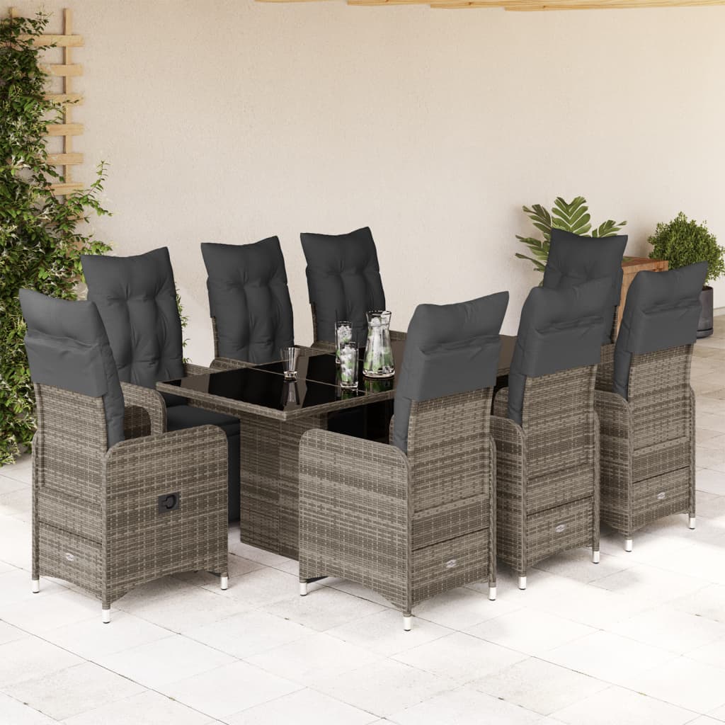 9-delige Bistroset met kussens poly rattan grijs