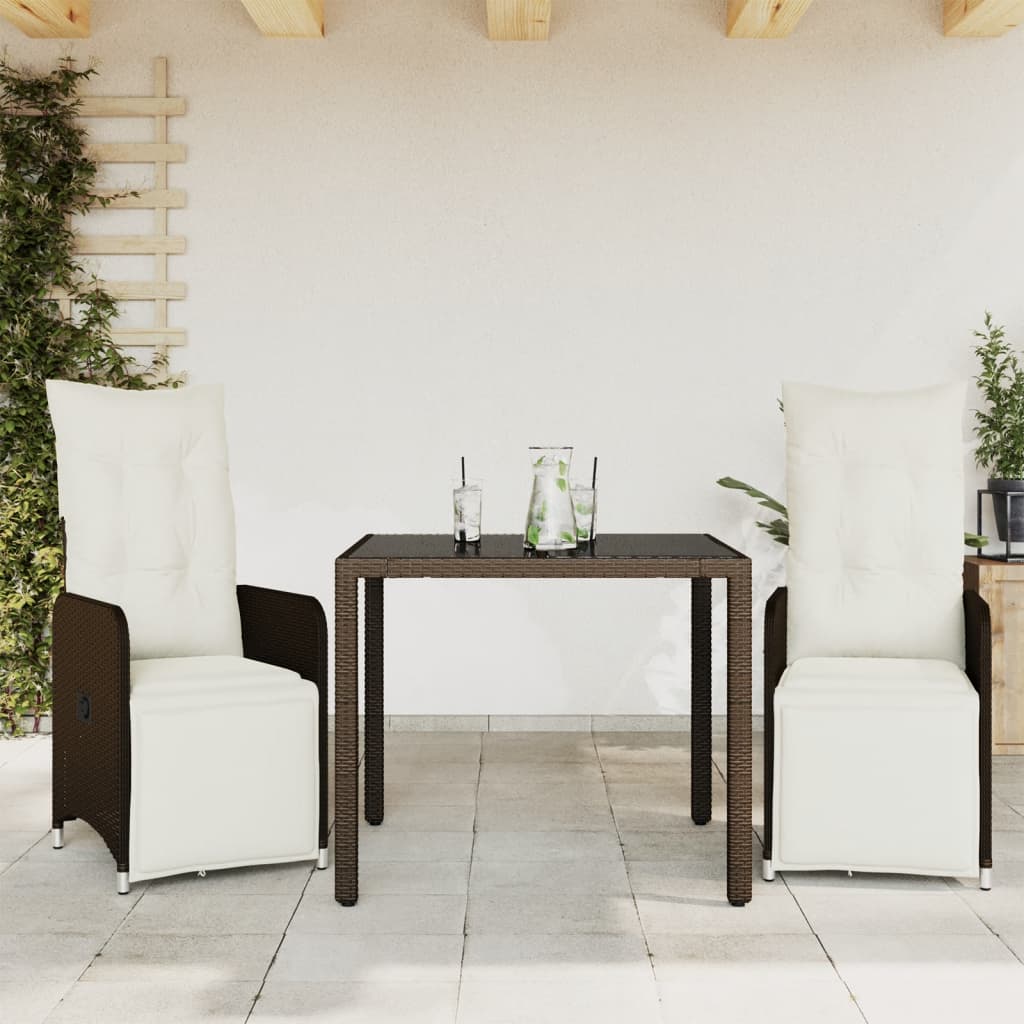 3-delige Bistroset met kussens poly rattan bruin