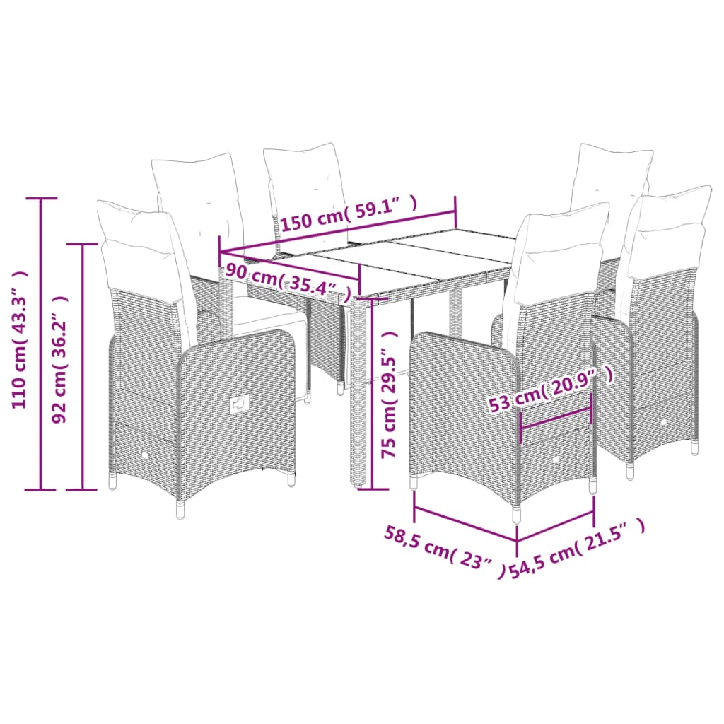 7-delige Bistroset met kussens poly rattan bruin