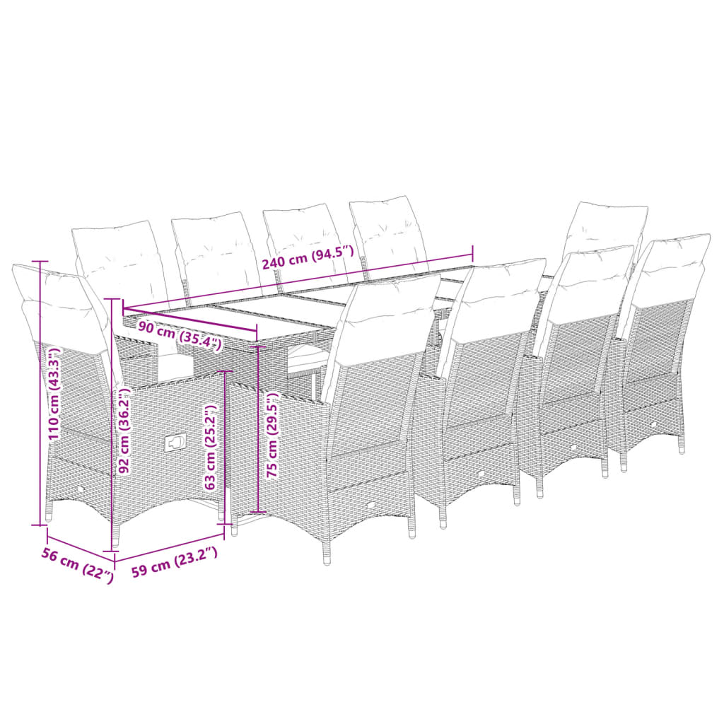 11-delige Bistroset met kussens poly rattan bruin