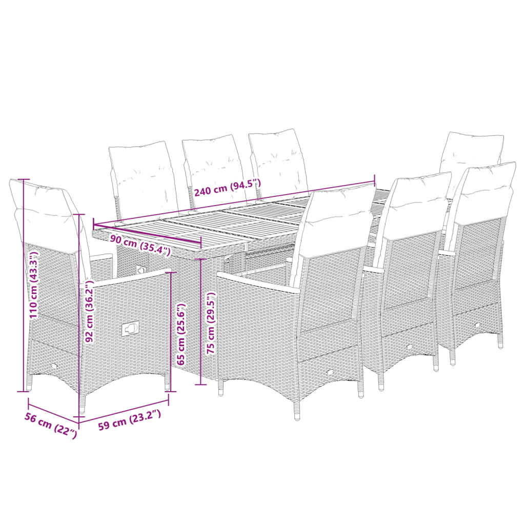 9-delige Bistroset met kussens poly rattan zwart