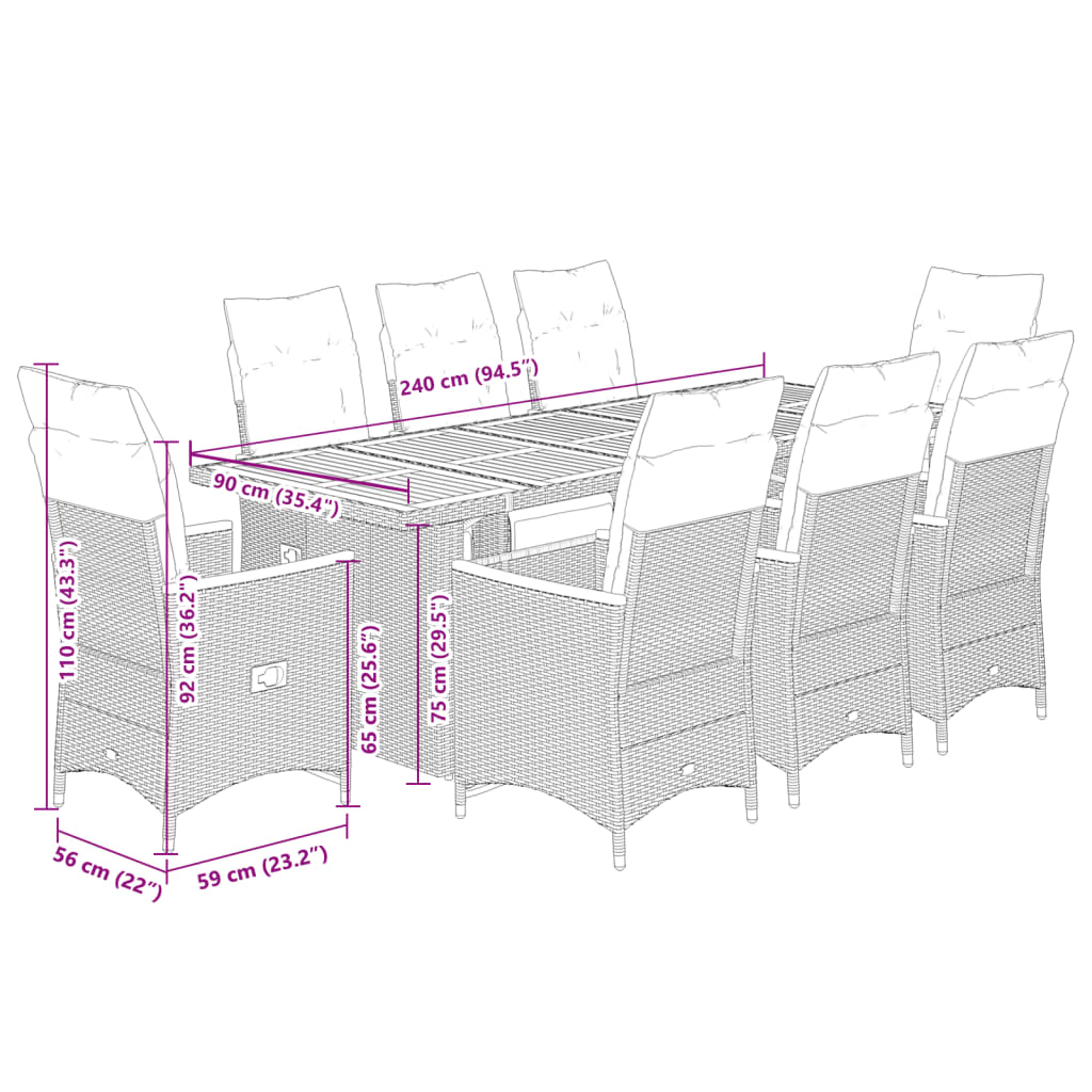 9-delige Bistroset met kussens poly rattan grijs