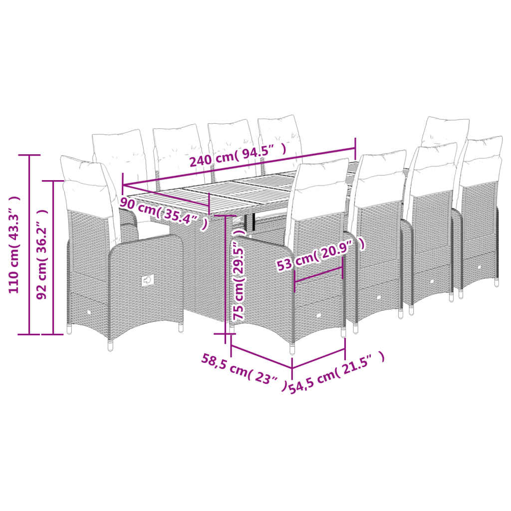 11-delige Bistroset met kussens poly rattan zwart