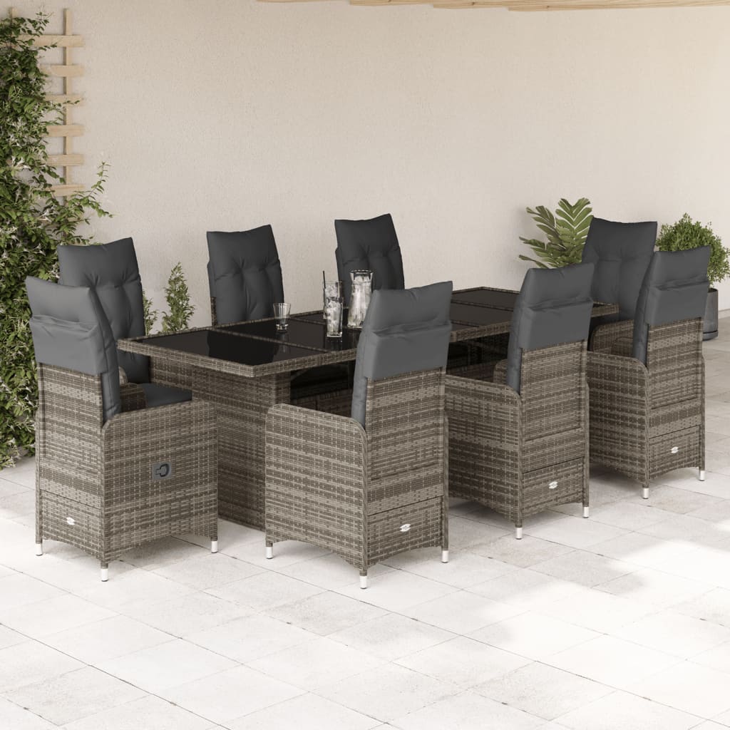 9-delige Bistroset met kussens poly rattan grijs