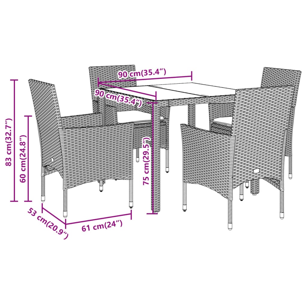 5-delige Tuinset met kussens poly rattan en glas zwart Tuinsets | Creëer jouw Trendy Thuis | Gratis bezorgd & Retour | Trendy.nl