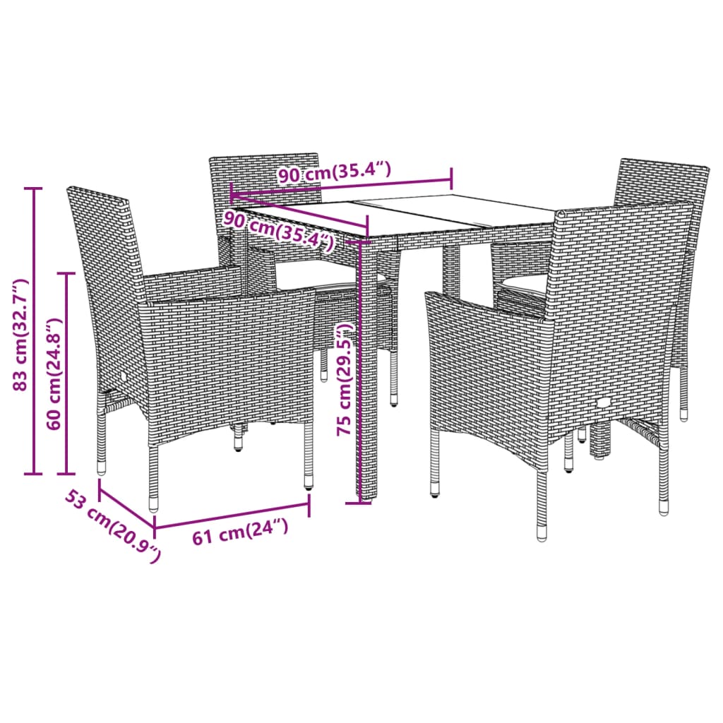 5-delige Tuinset met kussens poly rattan en glas grijs Tuinsets | Creëer jouw Trendy Thuis | Gratis bezorgd & Retour | Trendy.nl