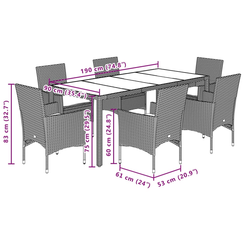 7-delige Tuinset met kussens poly rattan en glas lichtgrijs Tuinsets | Creëer jouw Trendy Thuis | Gratis bezorgd & Retour | Trendy.nl