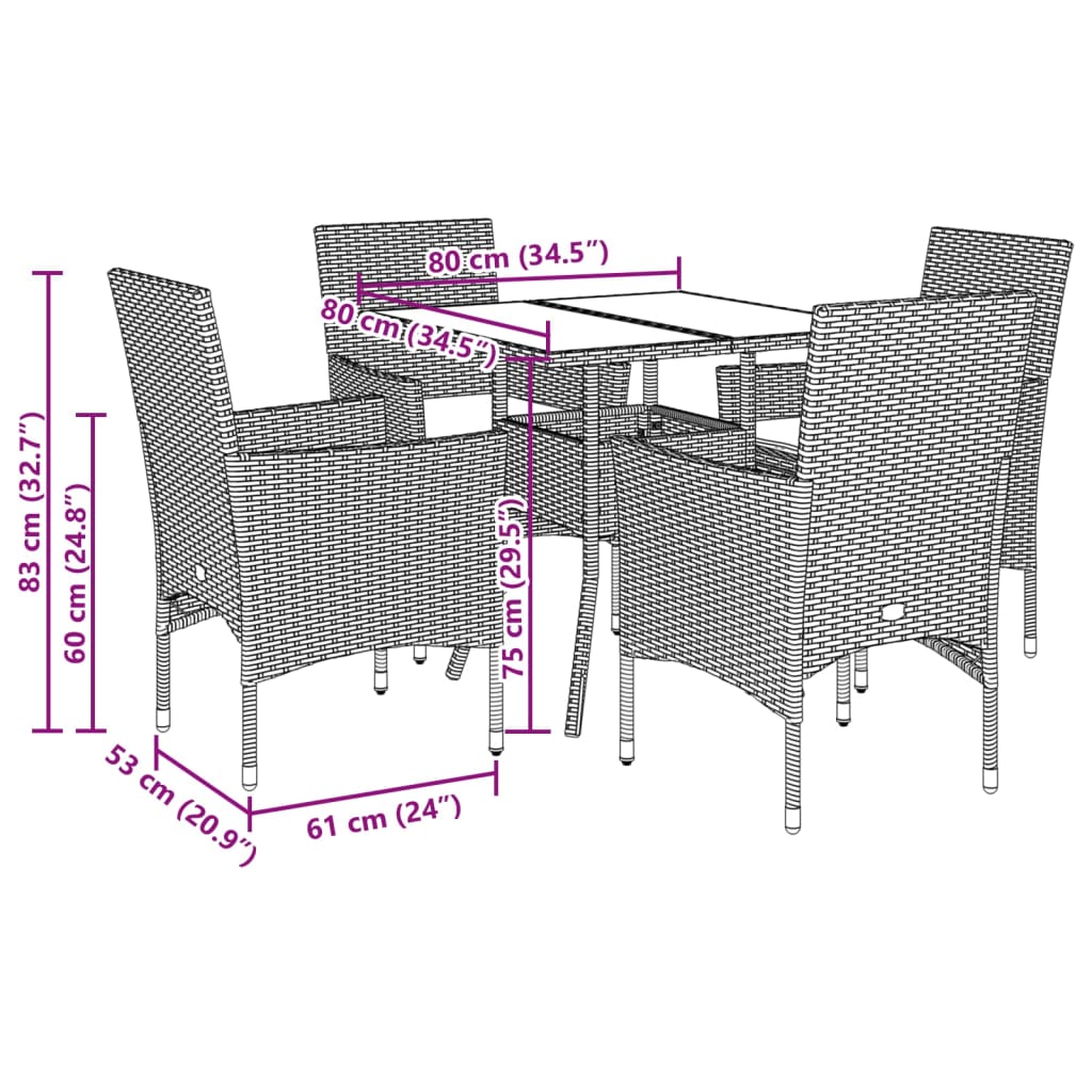 5-delige Tuinset met kussens poly rattan en glas zwart Tuinsets | Creëer jouw Trendy Thuis | Gratis bezorgd & Retour | Trendy.nl