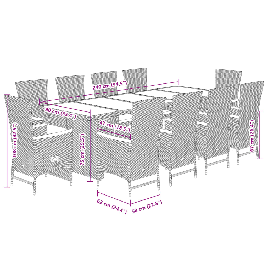 11-delige Tuinset met kussens poly rattan zwart