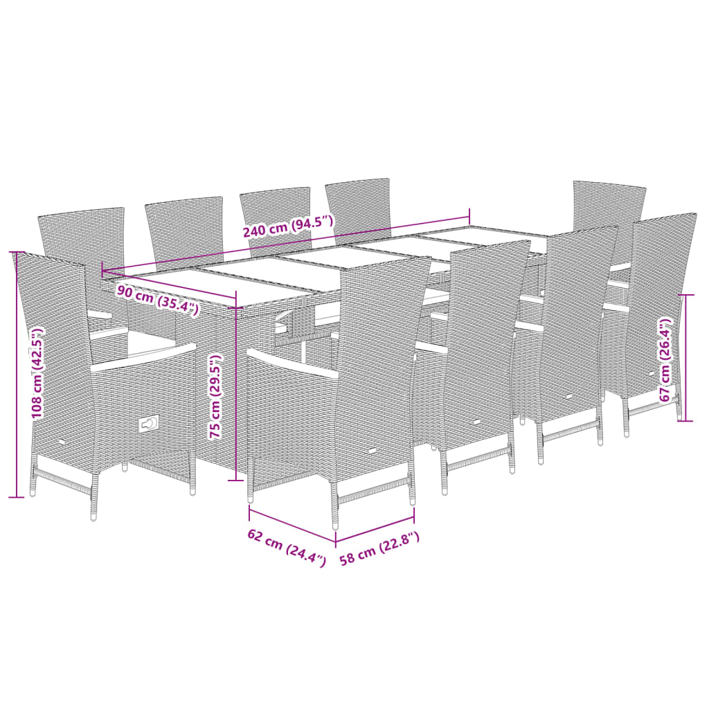 11-delige Tuinset met kussens poly rattan grijs