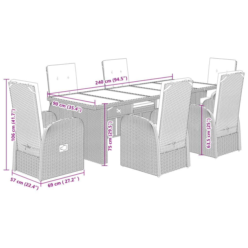 7-delige Tuinset met kussens poly rattan grijs