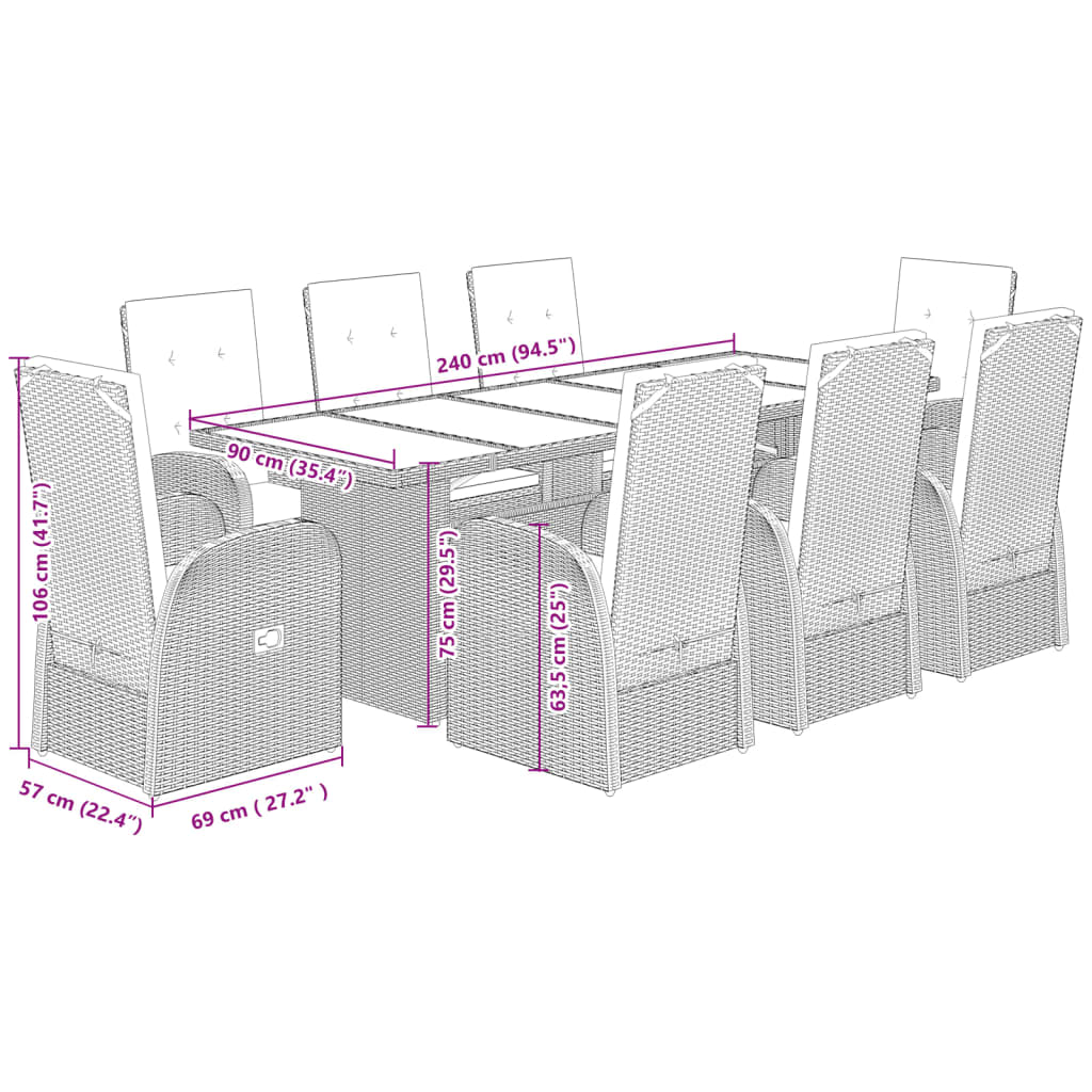 9-delige Tuinset met kussens poly rattan grijs