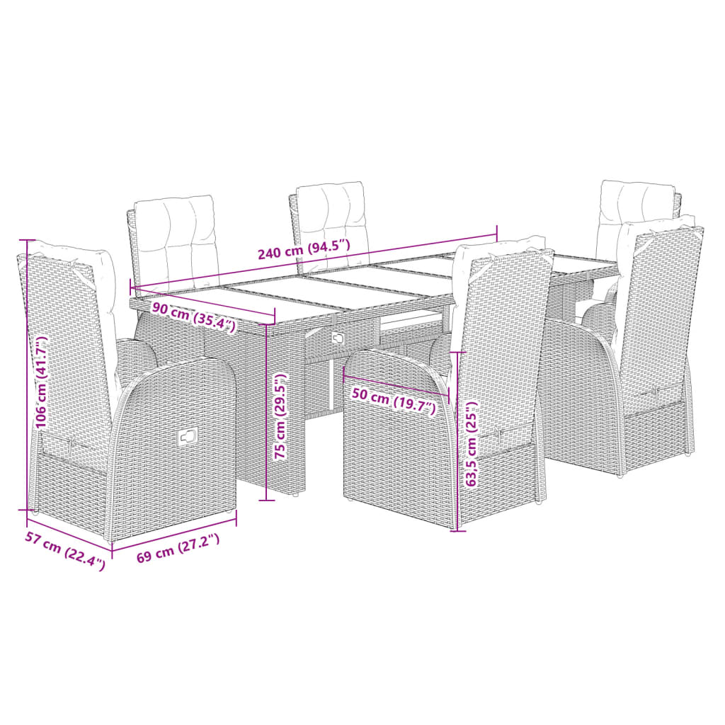 7-delige Tuinset met kussens poly rattan zwart