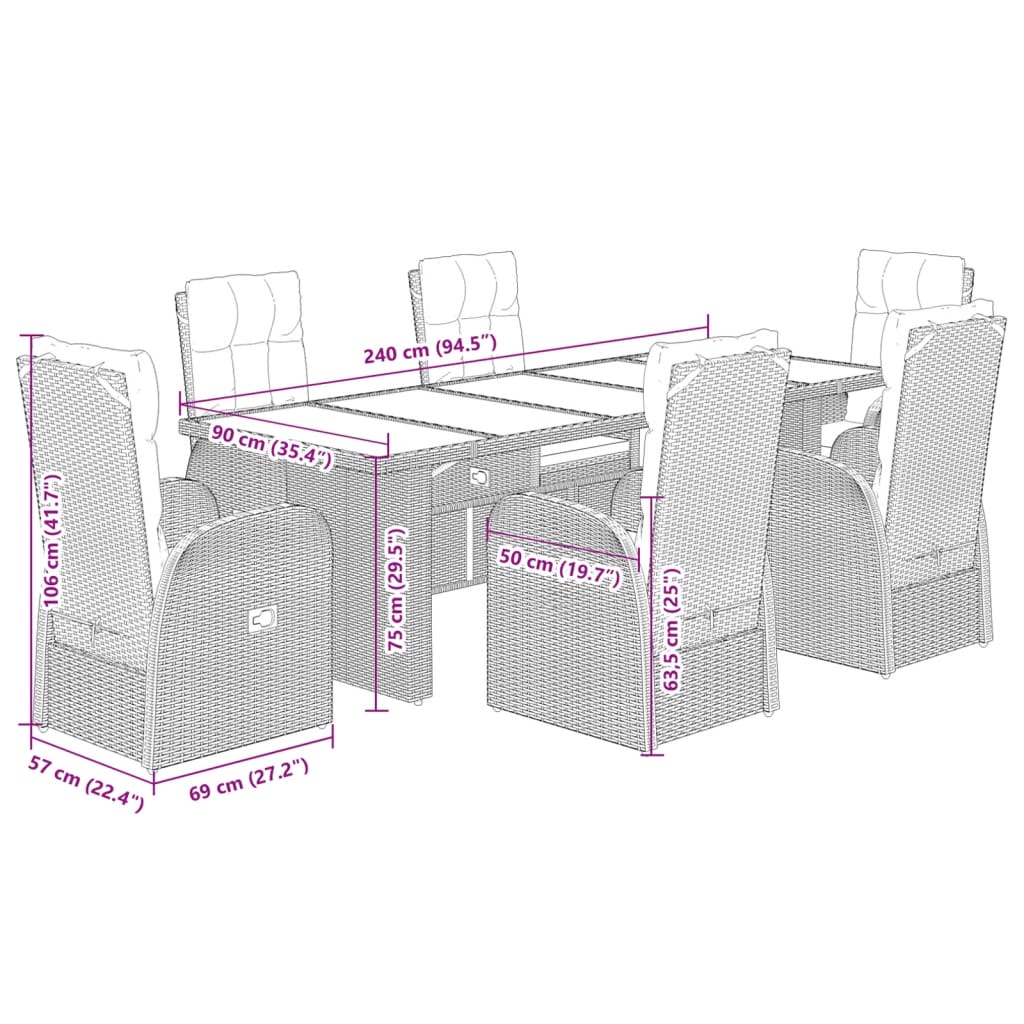 7-delige Tuinset met kussens poly rattan zwart