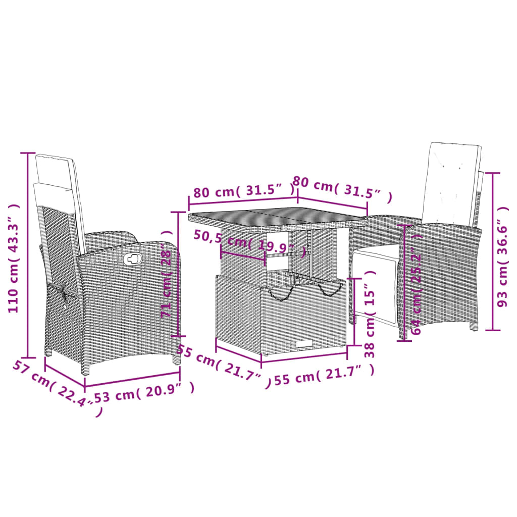 3-delige Tuinset met kussens poly rattan zwart Tuinsets | Creëer jouw Trendy Thuis | Gratis bezorgd & Retour | Trendy.nl