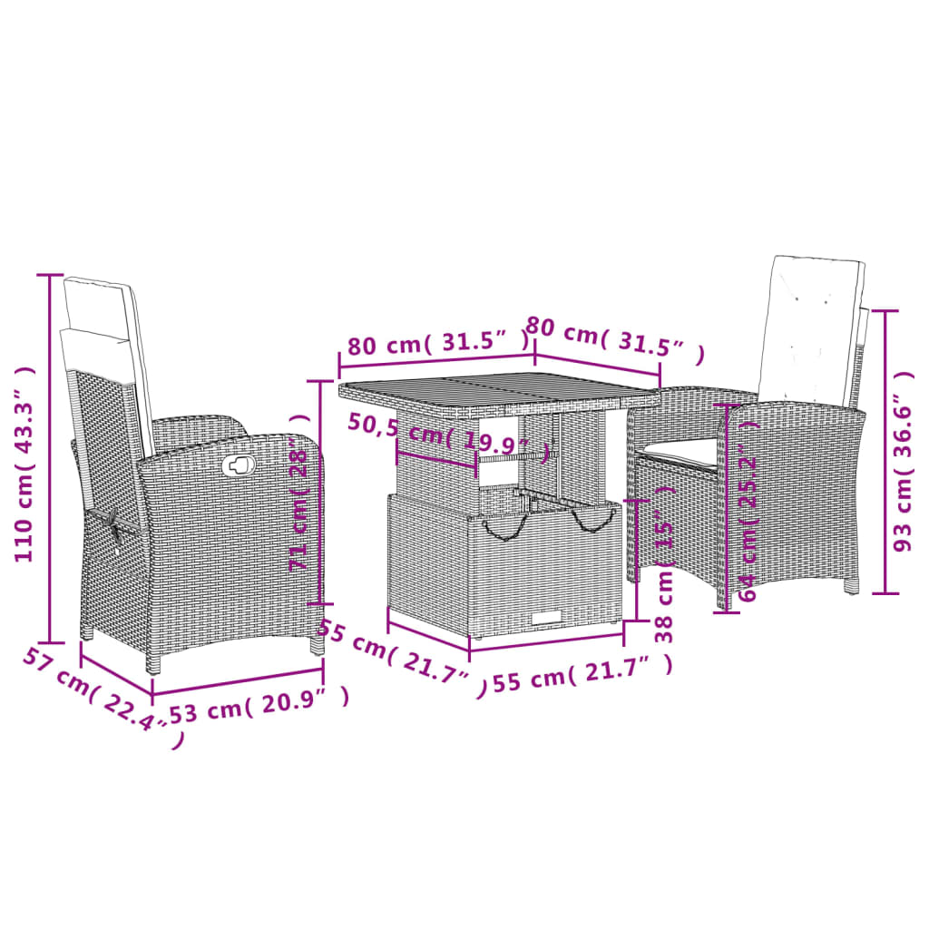 3-delige Tuinset met kussens poly rattan zwart Tuinsets | Creëer jouw Trendy Thuis | Gratis bezorgd & Retour | Trendy.nl