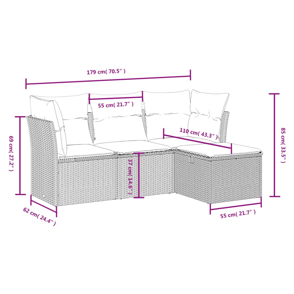 4-delige Loungeset met kussens poly rattan beige