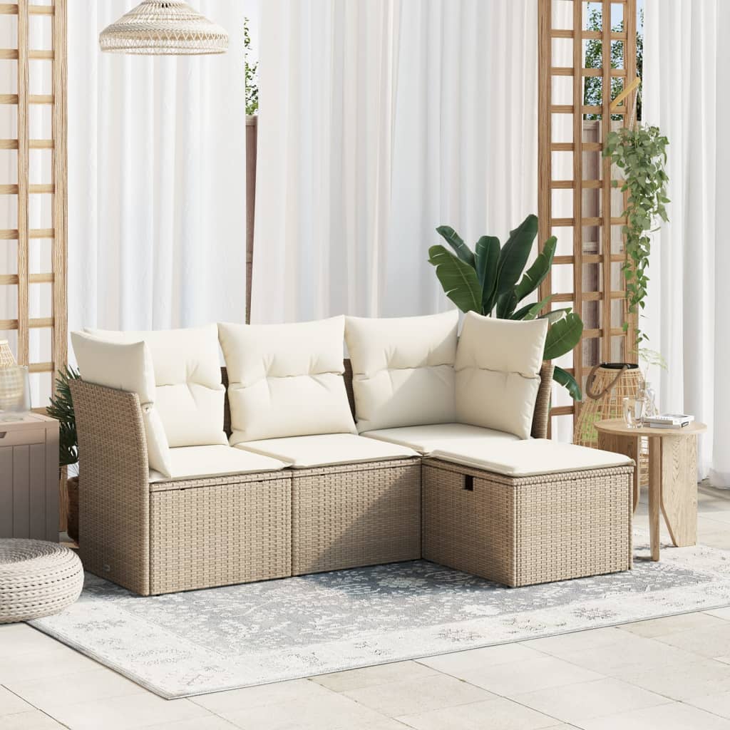 4-delige Loungeset met kussens poly rattan beige