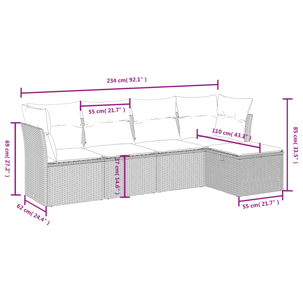 5-delige Loungeset met kussens poly rattan lichtgrijs Tuinsets | Creëer jouw Trendy Thuis | Gratis bezorgd & Retour | Trendy.nl