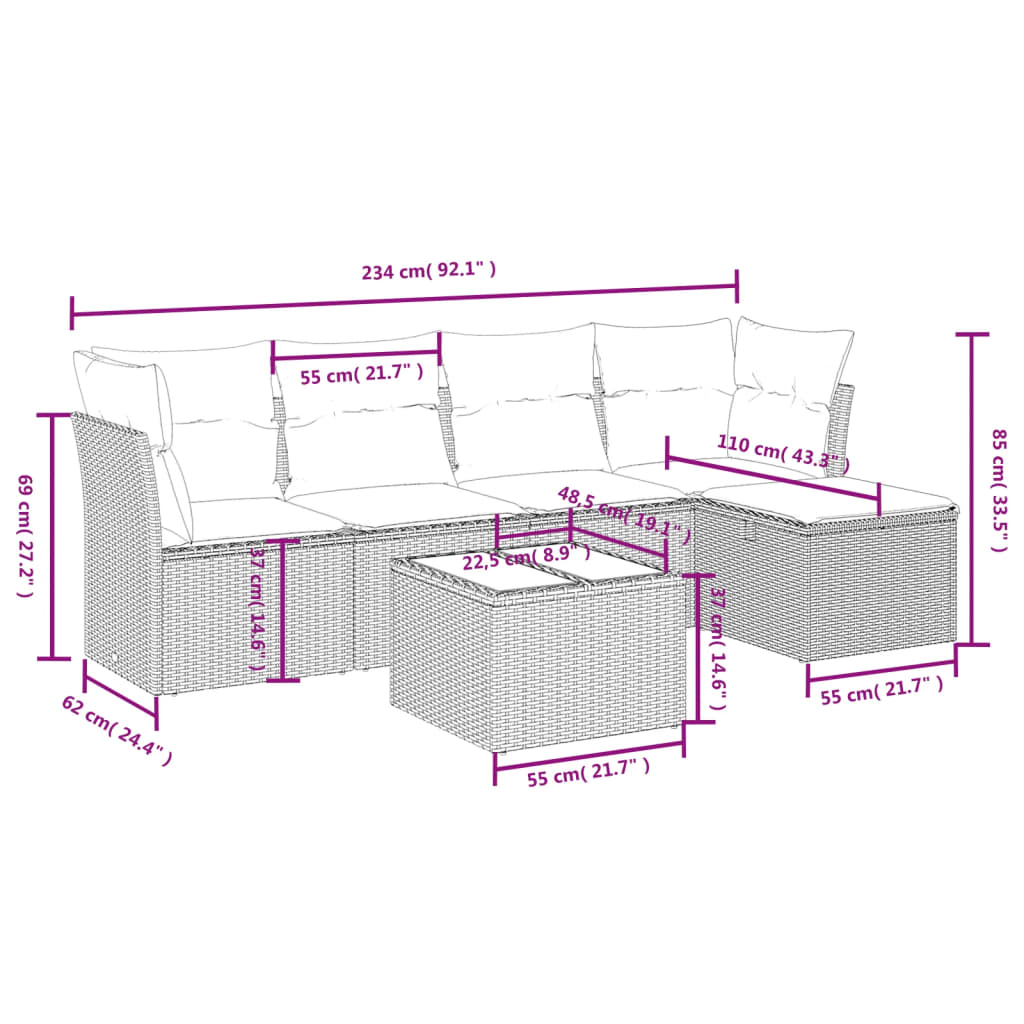 6-delige Loungeset met kussens poly rattan zwart Tuinsets | Creëer jouw Trendy Thuis | Gratis bezorgd & Retour | Trendy.nl