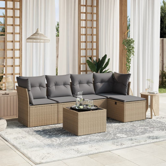 6-delige Loungeset met kussens poly rattan gemengd beige