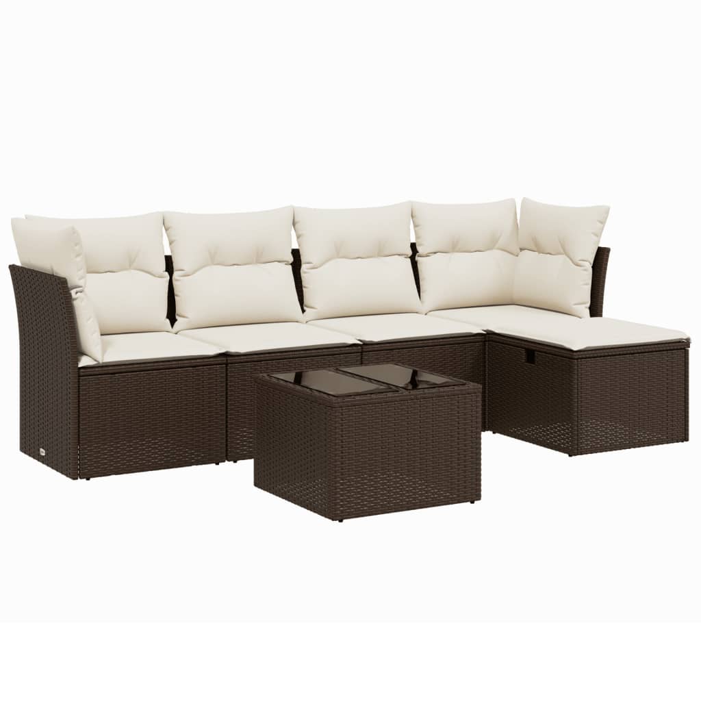 6-delige Loungeset met kussens poly rattan bruin