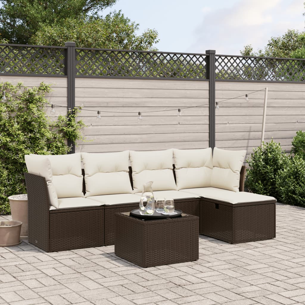 6-delige Loungeset met kussens poly rattan bruin