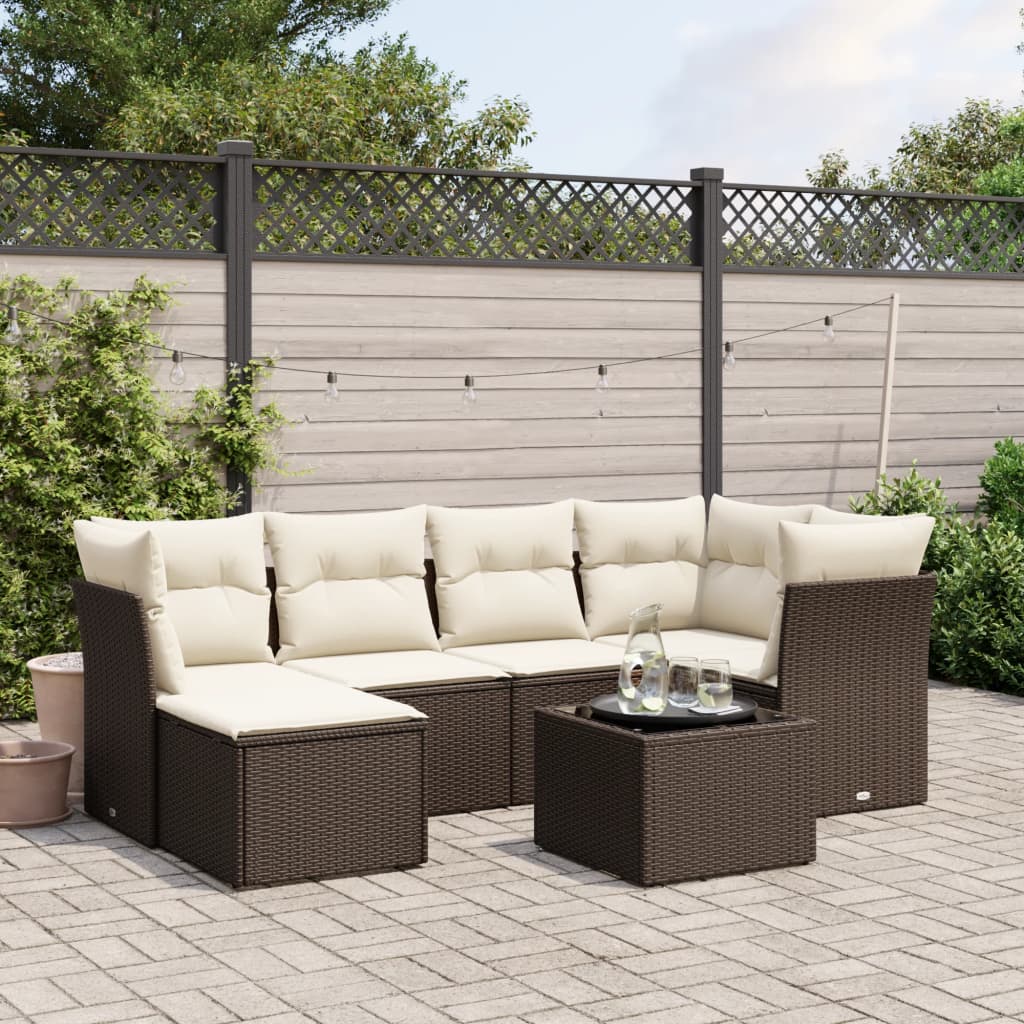 7-delige Loungeset met kussens poly rattan bruin