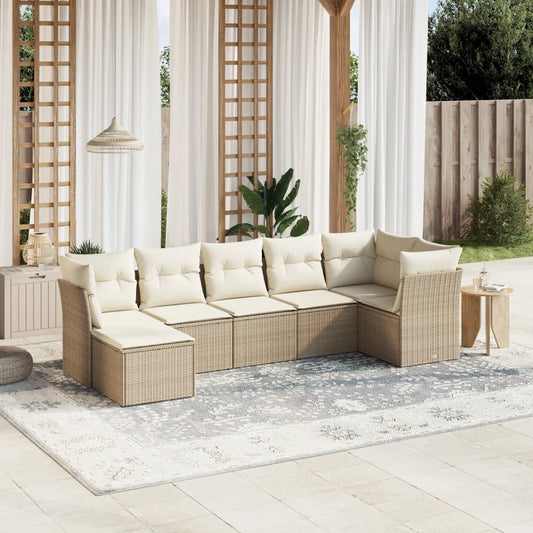 7-delige Loungeset met kussens poly rattan beige