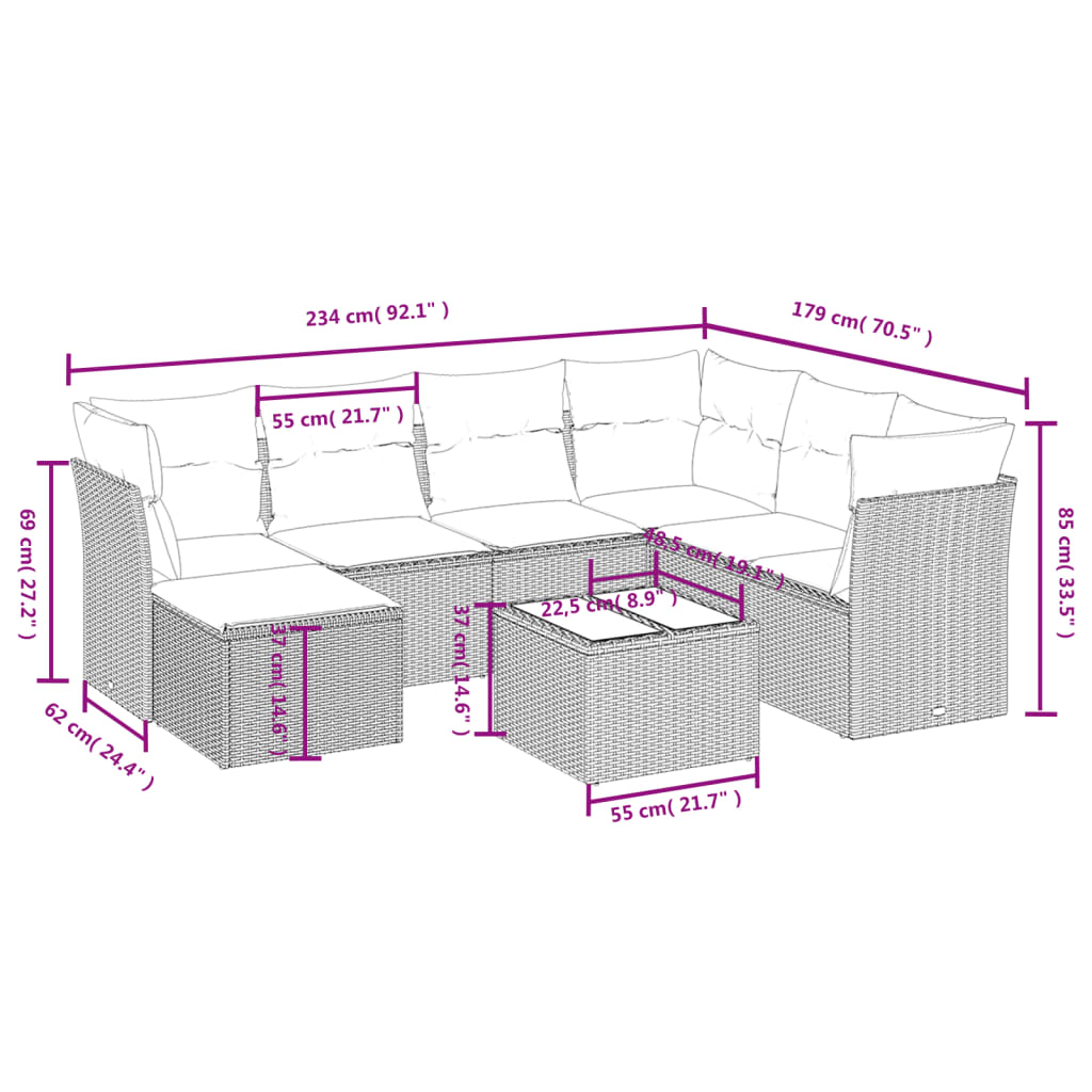 8-delige Loungeset met kussens poly rattan bruin